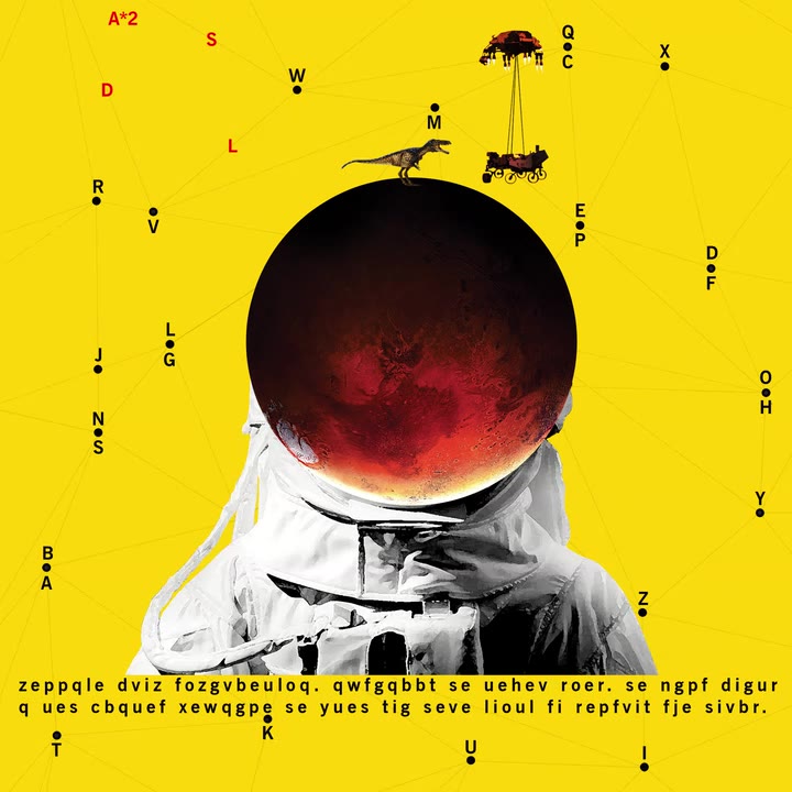 A red planet-headed astronaut surrounded by cryptographic letters on yellow