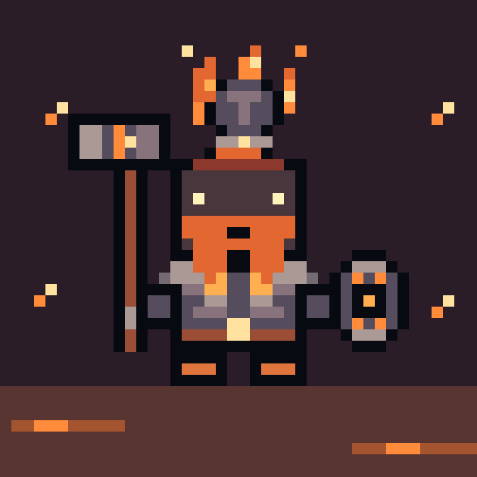 Pixel Viking carrying an axe, with a glowing volcanic helmet
